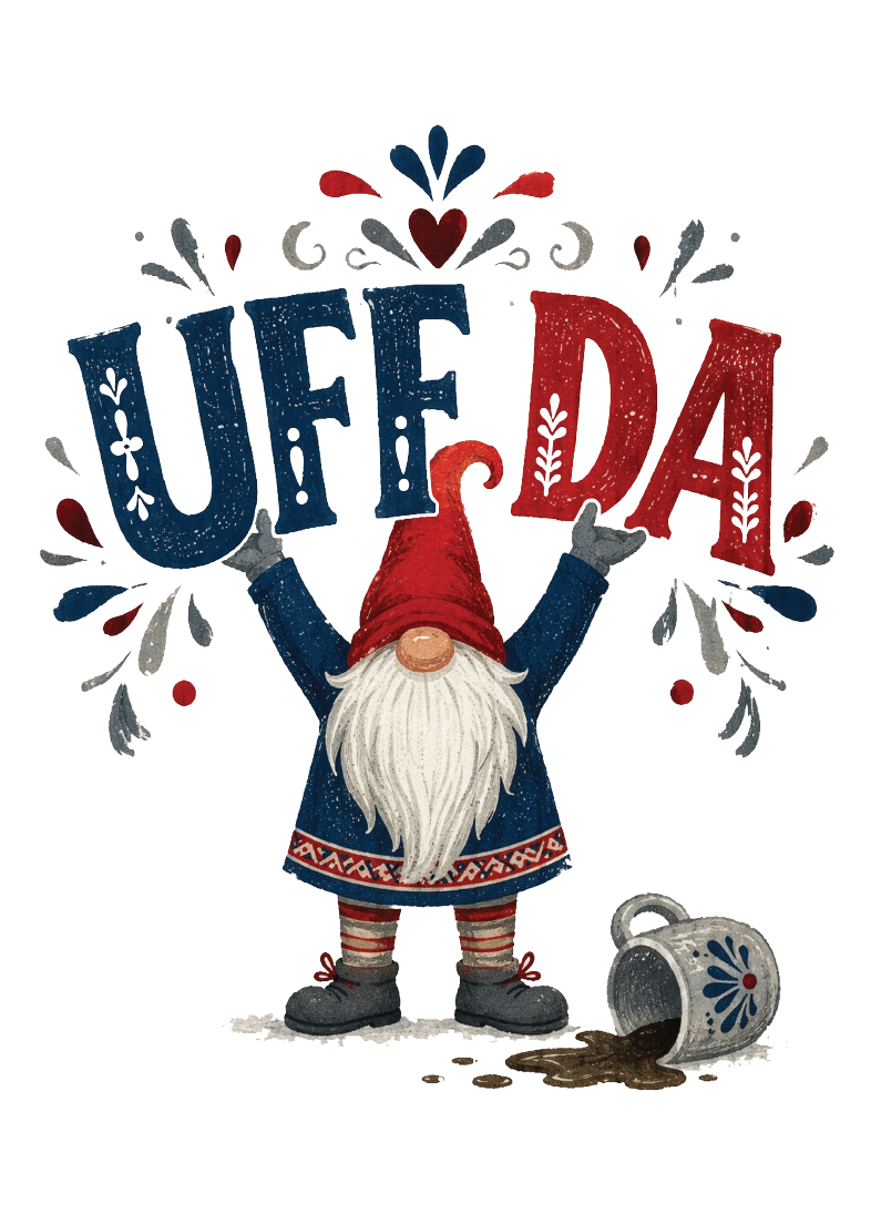 Scandinavian gnome magnet with a red hat holds a UFF DA sign beside a spilled mug, set on a background of folk-style patterns.