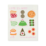 Brighten your kitchen with the Anneko Design Sweden "Life is Good Because of Swedish Fika" dish cloth, featuring charming illustrations of Swedish fika cups, cakes, cookies, and pastries—an eco-friendly and stylish cleaning accessory.