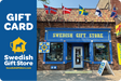 Front of the Swedish Gift Store with blue and yellow signage, Scandinavian flags on the roof, and a left-side promo for a 🎁 E-Gift Card (100% off) with BOGOS.io BOGO Bundle offer.