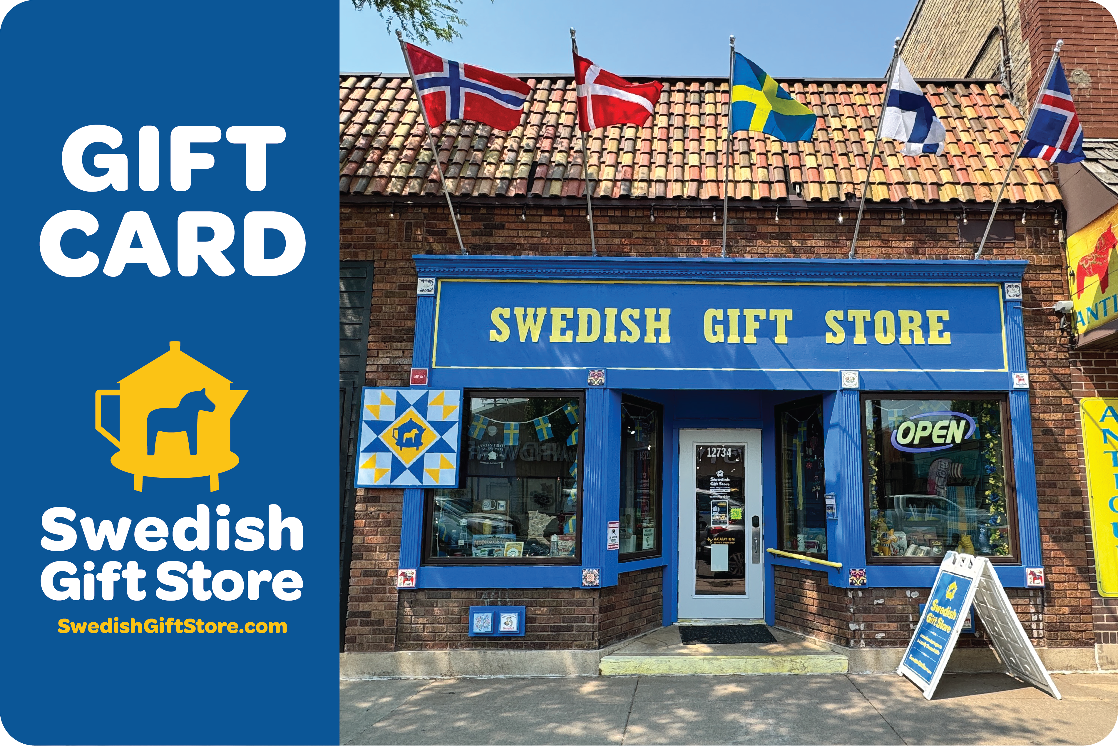 Front of the Swedish Gift Store with blue and yellow signage, Scandinavian flags on the roof, and a left-side promo for a 🎁 E-Gift Card (100% off) with BOGOS.io BOGO Bundle offer.