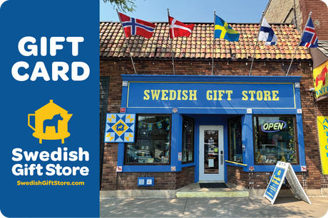 Front of the Swedish Gift Store with blue and yellow signage, Scandinavian flags on the roof, and a left-side promo for a 🎁 E-Gift Card (100% off) with BOGOS.io BOGO Bundle offer.