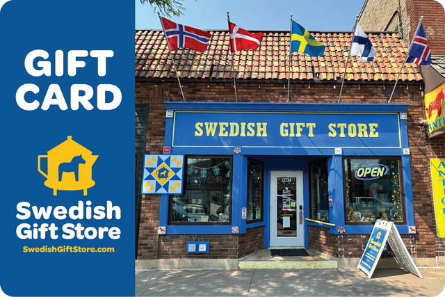 Front of the Swedish Gift Store with blue and yellow signage, Scandinavian flags on the roof, and a left-side promo for a 🎁 E-Gift Card (100% off) with BOGOS.io BOGO Bundle offer.