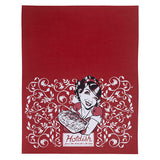 The Hotdish from the Midwest with Love Tea Towel by Adam Turman features a vibrant red design with a vintage illustration of a smiling woman holding a dish. It boasts decorative white floral patterns and the word Hotdish, perfect for enhancing your kitchen decor.