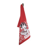 The Hotdish from the Midwest with Love tea towel by Adam Turman features a vintage-style illustration of a person holding a pie, decorative swirls, and the word Kitsch. Its perfect for adding charm and nostalgia to your kitchen.