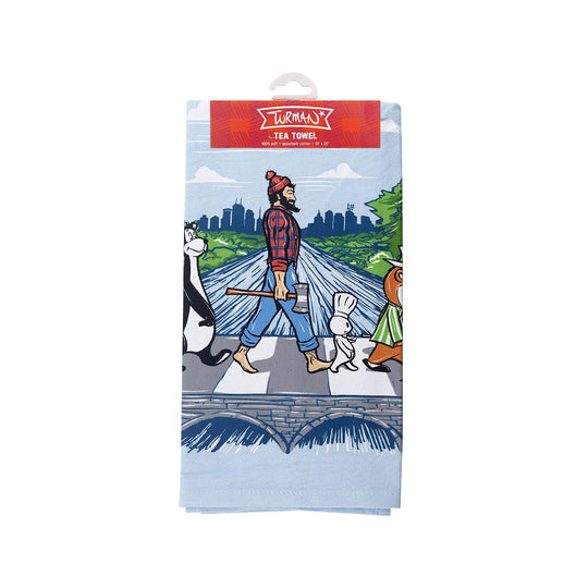The Tea Towel: MN Abbey Road showcases an illustrated scene by Adam Turman, depicting a lumberjack, skunk, rabbit, and bear crossing a path in tribute to the iconic album cover. This delightful homage is crafted from printed cotton and is machine washable for everyday use.