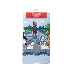 The Tea Towel: MN Abbey Road showcases an illustrated scene by Adam Turman, depicting a lumberjack, skunk, rabbit, and bear crossing a path in tribute to the iconic album cover. This delightful homage is crafted from printed cotton and is machine washable for everyday use.