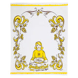 Illustration by Adam Turman on a cotton tea towel features a person in yellow with a pie, surrounded by floral motifs. Text reads: Yeah, Sure, You Betcha! Lets have Lefse!.