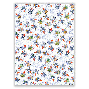 This delightful Winter Gnomes Tea Towel by Kirsten Sevig features whimsical cartoon birds adorned with hats and scarves against a clean white backdrop.