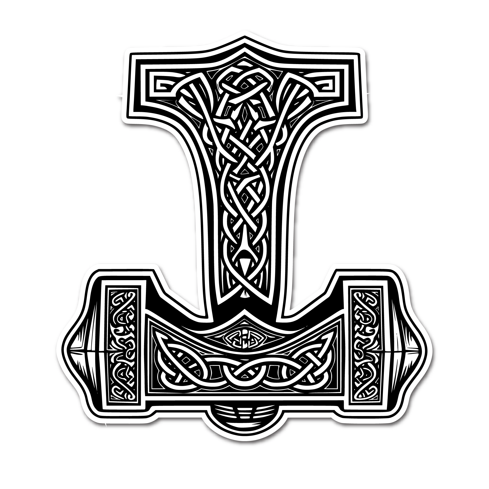 Black and white Viking-style illustration of Mjolnir, 2.8 in x 3 in, featuring intricate knot patterns, from the "Sticker: Thors Hammer" collection.