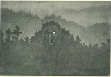 A large Norwegian troll with glowing eyes emerges from a dark forest, capturing the eerie style of Theodor Kittelsen’s art, as featured in the book Troll Magic – Hidden Folk from the Mountains & Forests of Norway, translated by Tiina Nunnally.