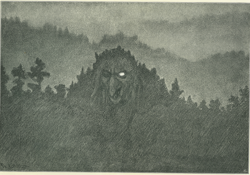 A dark illustration from the book "Troll Magic," depicting a large, mythical Norwegian troll with glowing eyes emerging from a forest at night, reminiscent of Theodor Kittelsen's depictions of Nordic folk creatures.