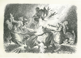 In this black-and-white illustration from Book: Troll Magic - Hidden Folk from the Mountains & Forests of Norway by Theodor Kittelsen, women dance around a fire as a dark, winged figure inspired by Nordic folklore appears above the flames.