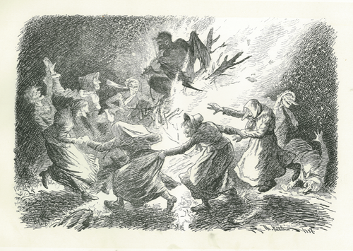 The illustration from the book "Troll Magic" depicts people in traditional attire dancing in a circle with a shadowy figure looming above and a large flame at the center. The scene, evoking the mystique of Nordic folk creatures, is dark and dramatic, reminiscent of Theodor Kittelsen's style.