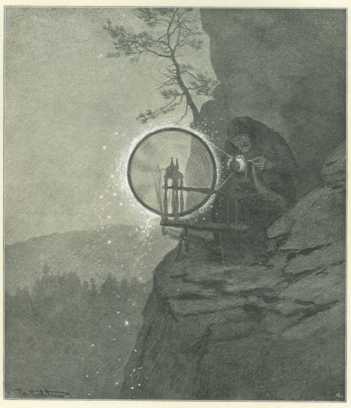 A scene straight from the pages of "Troll Magic" features an old figure, much like a Norwegian troll, spinning luminous thread on a spinning wheel at the edge of a cliff, overlooking a forested landscape reminiscent of a Theodor Kittelsen painting.