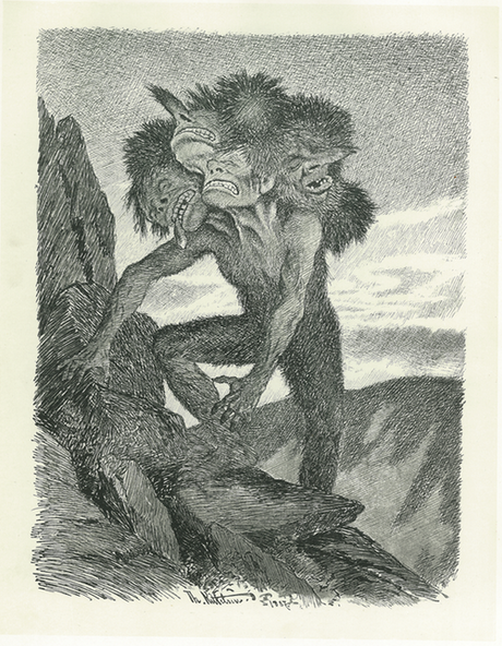 A fantastical Norwegian troll, inspired by Troll Magic: Hidden Folk from the Mountains & Forests of Norway by Theodor Kittelsen & Tiina Nunnally, climbs rocky terrain against a mountainous backdrop.