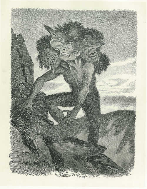 A creature reminiscent of the mythical figures in "Troll Magic," with three heads and fur, reminiscent of a Norwegian troll painted by Theodor Kittelsen, climbs a rocky landscape under a cloudy sky.