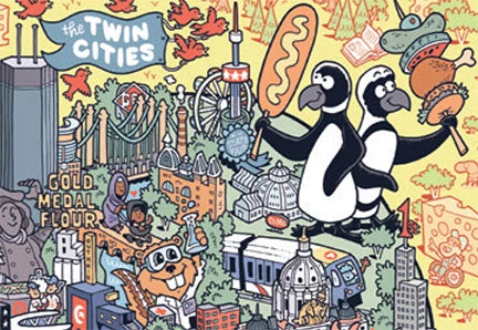 Minnesota puzzle featuring cartoon Twin Cities landmarks, penguins holding food, city buildings, train, Ferris wheel, flour sign, and fall leaves.