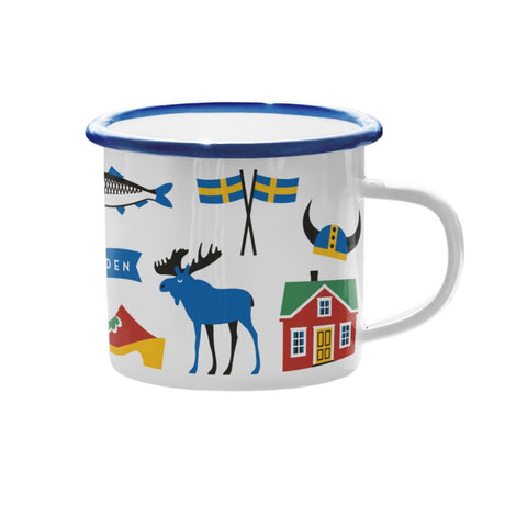 The Coffee Mug: Sweden Traditions Enamel Mug features a blue rim and illustrations of a fish, Swedish flags, Viking helmet, moose, house, and cheese—making it a charming mug and perfect Swedish gift.