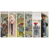 The Carl Larsson 6-Piece Bookmark Collection (8.5" × 2.5" each) features illustrated bookmarks with detailed, soft-colored scenes of people, children, and outdoor settings—a tribute to Scandinavian art.