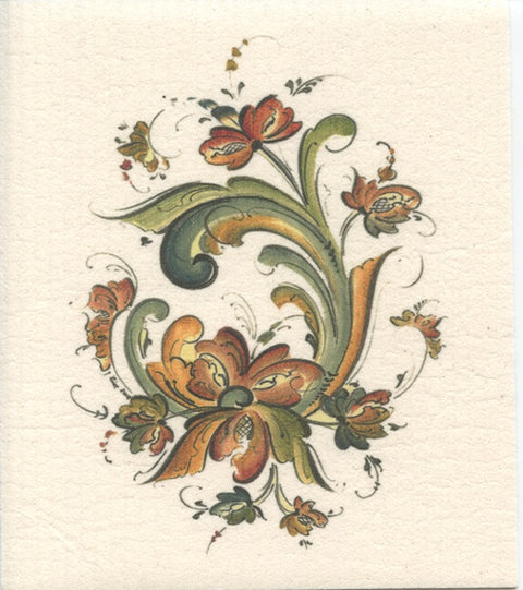 The Dish Cloth: Rosemaling Lise Lorentzen Norwegian features an ornate floral design with swirling green leaves and orange flowers on a beige background, crafted to be super absorbent.