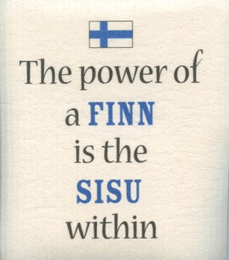 Text with a Finnish flag reads: The power of a FINN is the SISU within, much like our Dish Cloth: Power of Finn Sisu Within Finnish, which offers super absorbency and an environmentally-friendly design that blends strength with sustainability.