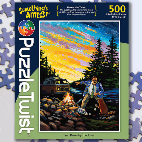 PuzzleTwist: Van Down By the River by Adam Turman showcases a man in glasses roasting marshmallows by a campfire near a van at sunset, with forest trees and a starry sky in the background.