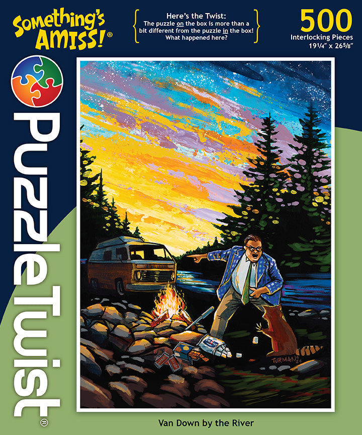 A man in a suit stands by a campfire near a river and van, set beneath a vibrant sky in this 500-piece PuzzleTwist: Van Down By the River by Adam Turman.