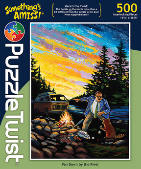 A man in a suit stands by a campfire near a river and van, set beneath a vibrant sky in this 500-piece PuzzleTwist: Van Down By the River by Adam Turman.