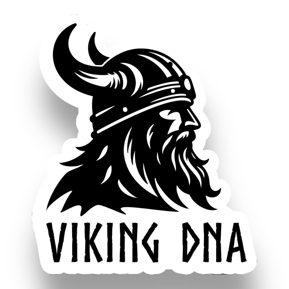The Nordic Sticker: Viking DNA – Unleash Your Inner Warrior features a stylized black-and-white Viking with a horned helmet and beard. This glossy, UV, and water-resistant sticker is 3.45 x 4 inches, dishwasher safe, easy to peel, and perfect for showcasing your Viking heritage. Buy 3 Get 1 Free!.