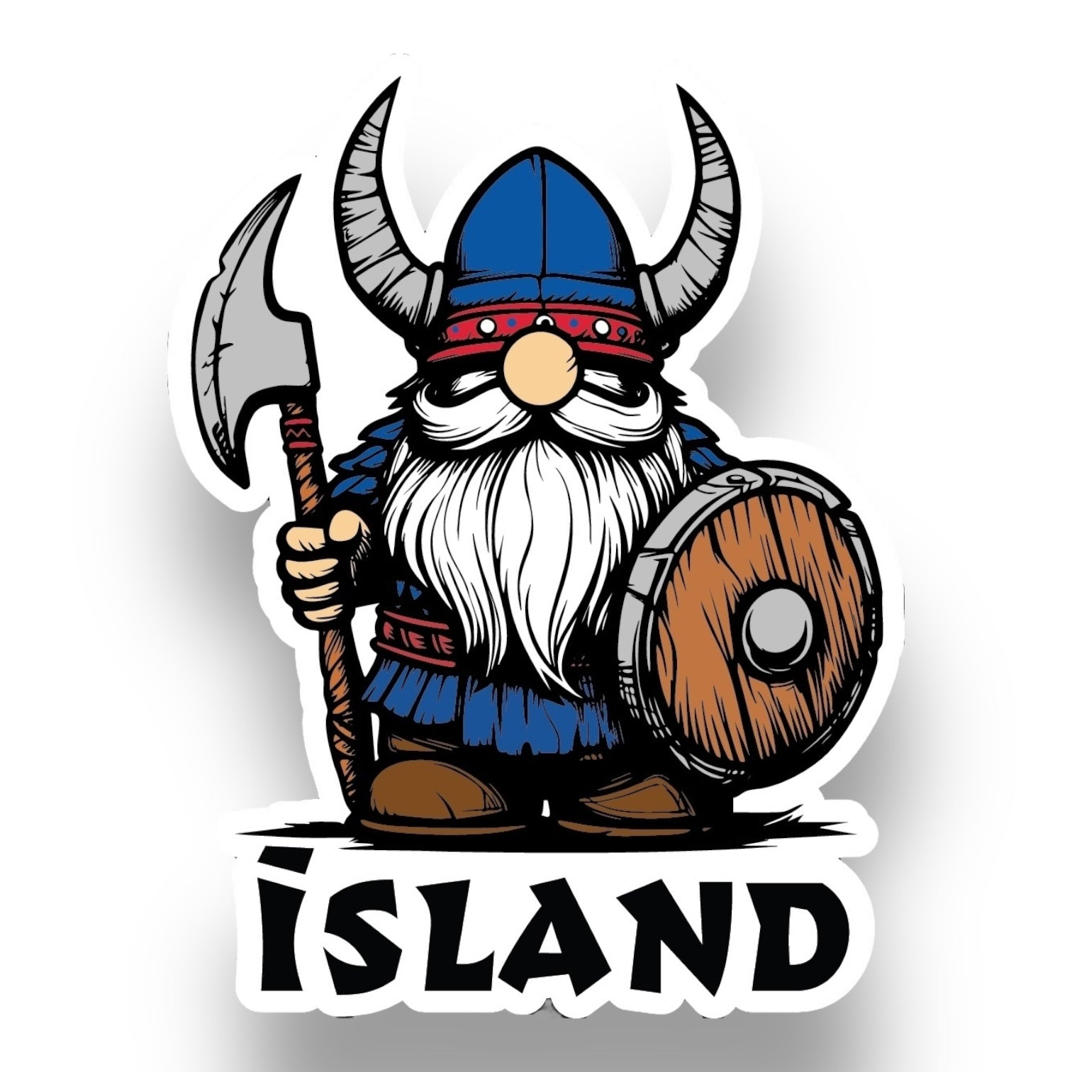 Cartoon Viking gnome with axe, shield, and horned helmet above "ISLAND". Get the 3"x4" Glossy Nordic Sticker: Viking Gnome Island – Icelandic Pride (UV & water-resistant, dishwasher safe) FREE—buy 3 get 1 free at BOGOS.io!.
