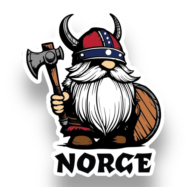 A Viking Gnome wearing a helmet and holding an axe stands beside a shield, celebrating Scandinavian heritage. The text reads Norge.