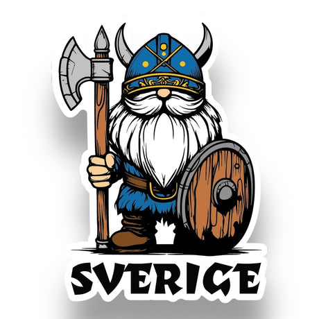 A Nordic Sticker features a Viking gnome wearing a blue helmet with a white beard, holding an axe and wooden shield, symbolizing Swedish pride. The text Sverige is displayed below.