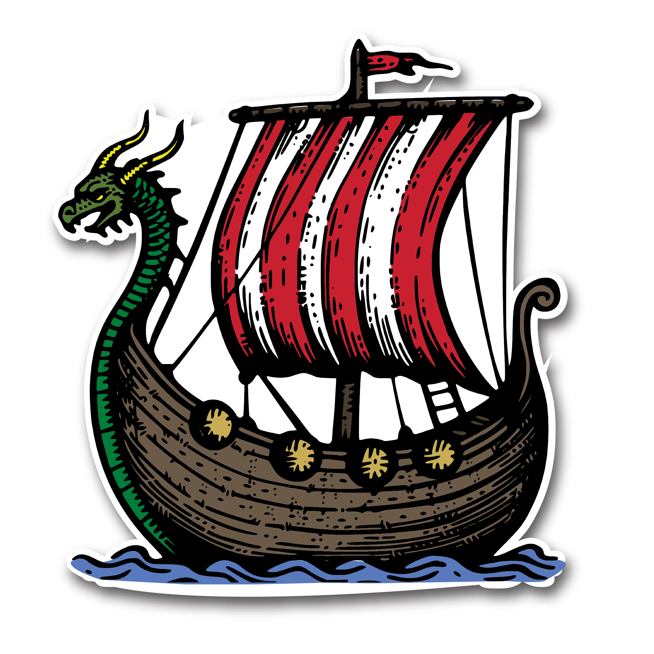 The "Sticker: Viking Ship" showcases a Viking ship with a dragon head prow, a red and white striped sail, and a wooden hull, all set against a pristine white background.