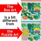 Side-by-side comparison of the PuzzleTwist: Vine and Dandy by Molly Lenz box art and the finished 1000-piece Somethings Amiss! jigsaw puzzle, showcasing differences between the original illustration and completed puzzle.