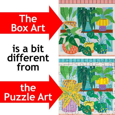 Side-by-side comparison of the PuzzleTwist: Vine and Dandy by Molly Lenz box art and the finished 1000-piece Somethings Amiss! jigsaw puzzle, showcasing differences between the original illustration and completed puzzle.