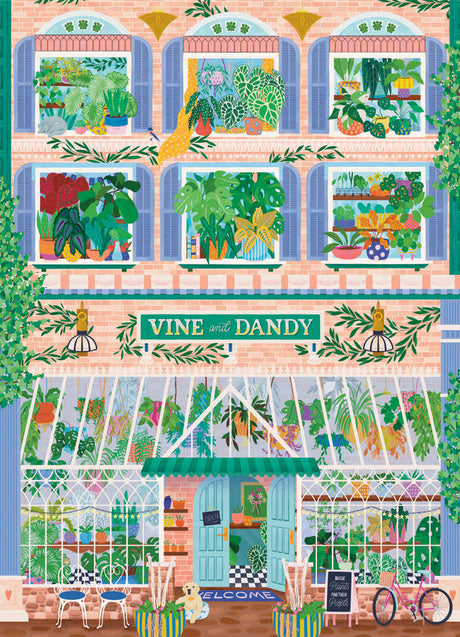 Illustration of the vibrant Vine and Dandy plant shop with lush greenery and large windows—ideal for fans of PuzzleTwist: Vine and Dandy by Molly Lenz 1000-piece Jigsaw Puzzle Somethings Amiss!.
