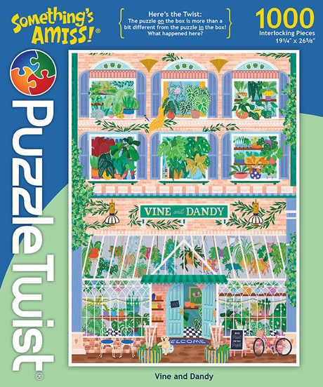 Box cover for the PuzzleTwist: Vine and Dandy by Molly Lenz 1000-piece jigsaw puzzle Somethings Amiss!, featuring an illustrated plant shop façade with lush greenery and a glass greenhouse entrance.