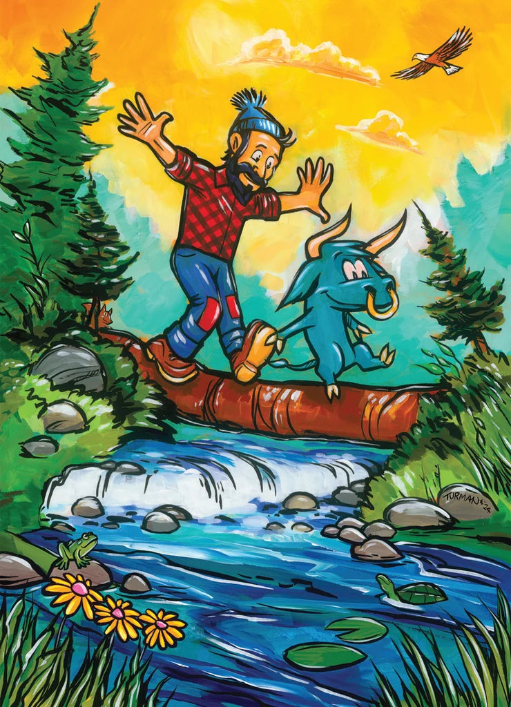 A bearded man and a small blue dinosaur stand on a log above a stream, with trees and wildlife in the background; inspired by Adam Turman’s illustrated style.