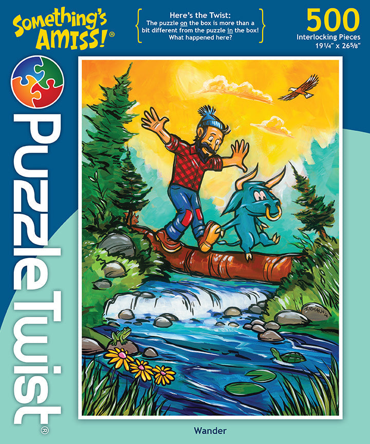 The 500-piece Wander puzzle by Adam Turman features vibrant artwork of a man and blue creature on a log over a stream, with Minnesota landmarks in the background, adding a unique twist.