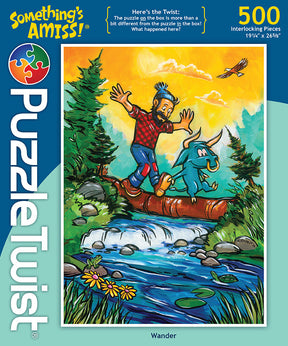 The 500-piece Wander puzzle by Adam Turman features vibrant artwork of a man and blue creature on a log over a stream, with Minnesota landmarks in the background, adding a unique twist.