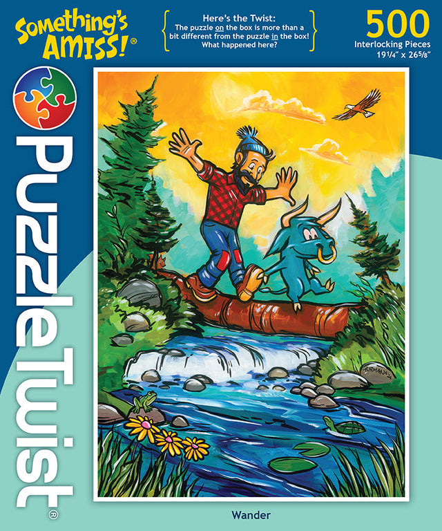 The 500-piece Wander puzzle by Adam Turman features vibrant artwork of a man and blue creature on a log over a stream, with Minnesota landmarks in the background, adding a unique twist.