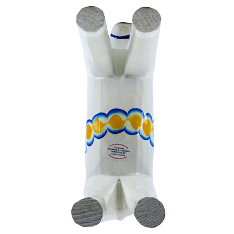 A white ceramic Dala horse figurine from the Swedish Flag Series, featuring a blue and yellow kurbits decorative band and a circular label on its underside.
