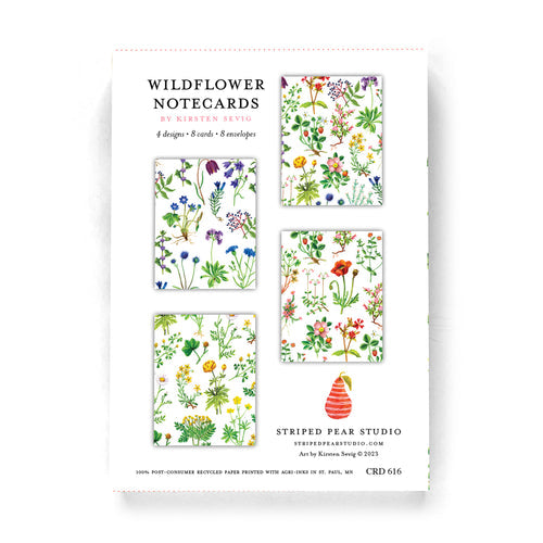 The Card Pack: Wildflower Notecards by Striped Pear Studio includes vibrant wildflower illustrations on recycled paper, featuring four stunning designs. These blank notecards are ideal for personal messages or special notes.