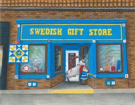A person in a white costume with horns and a red sash enters the Swedish Gift Store in Lindstrom, MN, where Rachael Koppendrayer’s “Window Shopping” 5x7 Greeting Card is displayed among colorful Swedish gifts and decorations.