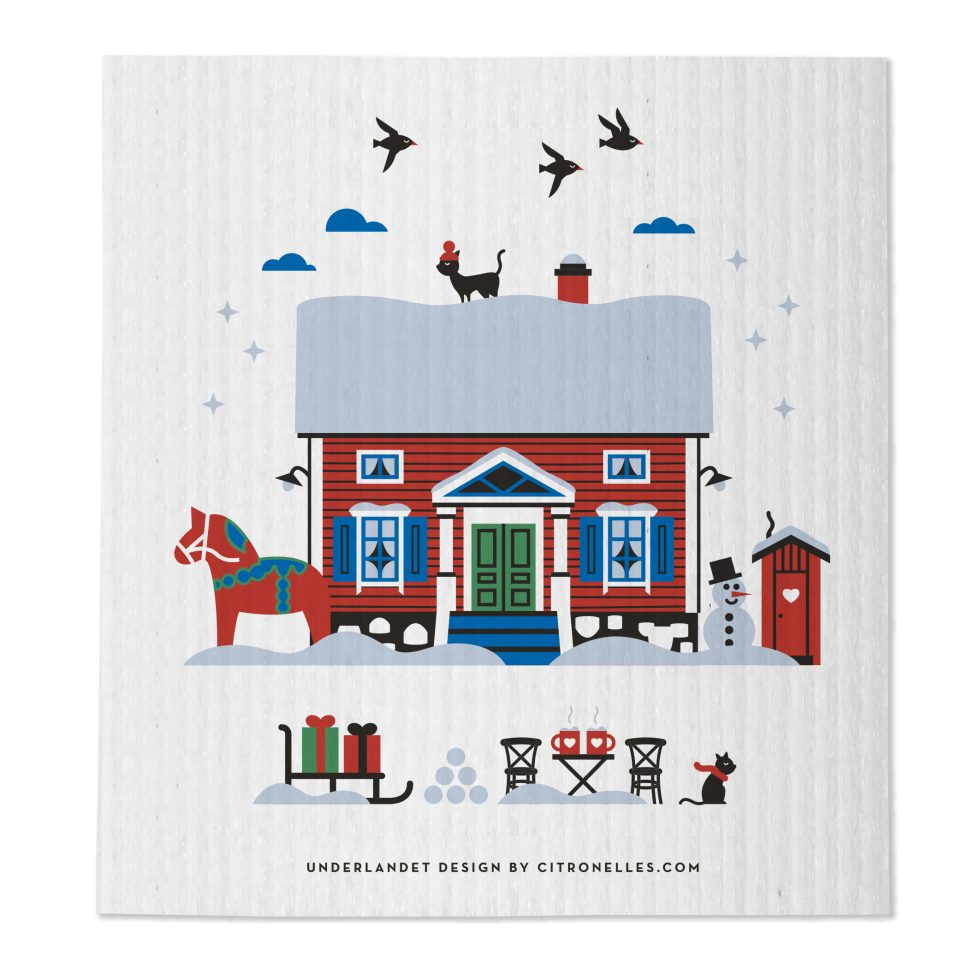 The "Dish Cloth: Winter House" features a red house with snowy roof, birds, a cat, snowman, horse statue, sled, outdoor chairs, and Swedish dish cloths drying outside by a heart-adorned outhouse.