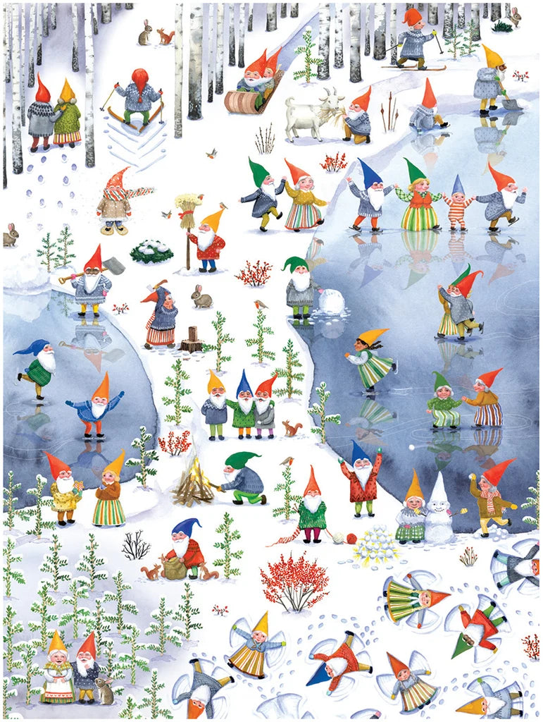 Puzzle featuring gnomes in colorful hats skating, skiing, and building snowmen in a snowy forest with trees, icy ponds, and animals visible nearby.