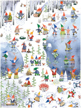 Puzzle featuring gnomes in colorful hats skating, skiing, and building snowmen in a snowy forest with trees, icy ponds, and animals visible nearby.