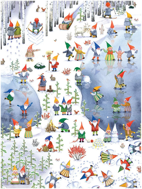 Puzzle featuring gnomes in colorful hats skating, skiing, and building snowmen in a snowy forest with trees, icy ponds, and animals visible nearby.