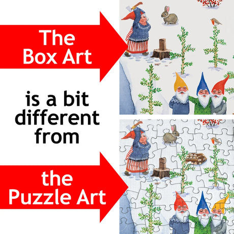 Puzzle box displays a standing rabbit. Finished puzzle features a sitting rabbit among gnomes in a garden scene with Nordic Folktale-inspired decorative patterns.