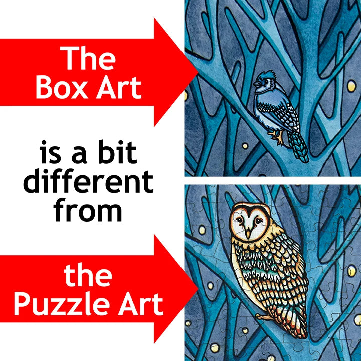 Puzzle box displays a small blue bird perched on branches; completed puzzle shows a brown owl in the same spot, with both designs set against a simple background.